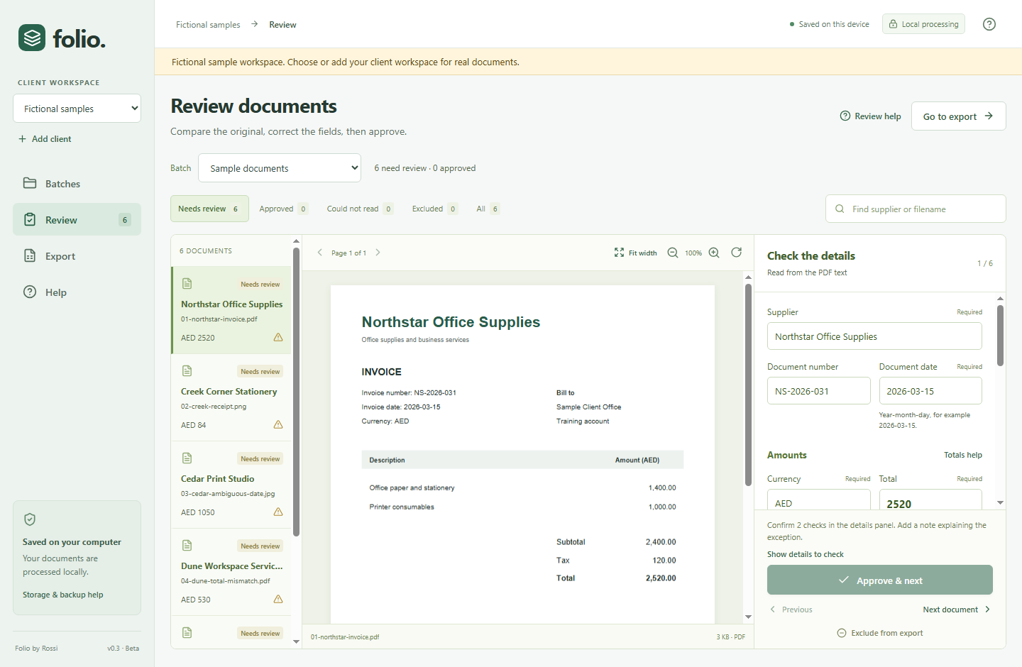 Folio desktop app showing fictional invoice fields beside the original document for review.