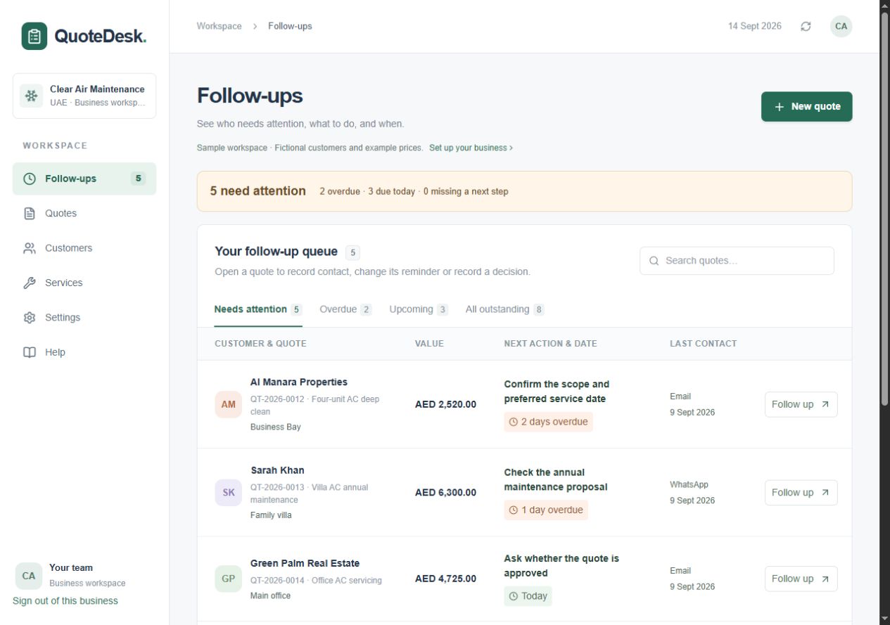 QuoteDesk follow-up queue with fictional maintenance quotes, due dates and next actions.
